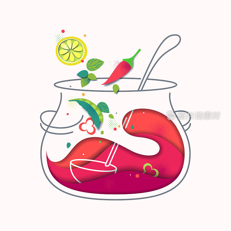Cooking process creative illustration, hot kitchen and cuisine concept. Isolated pot with vegetables, soup, sliced ingredients in receipt.